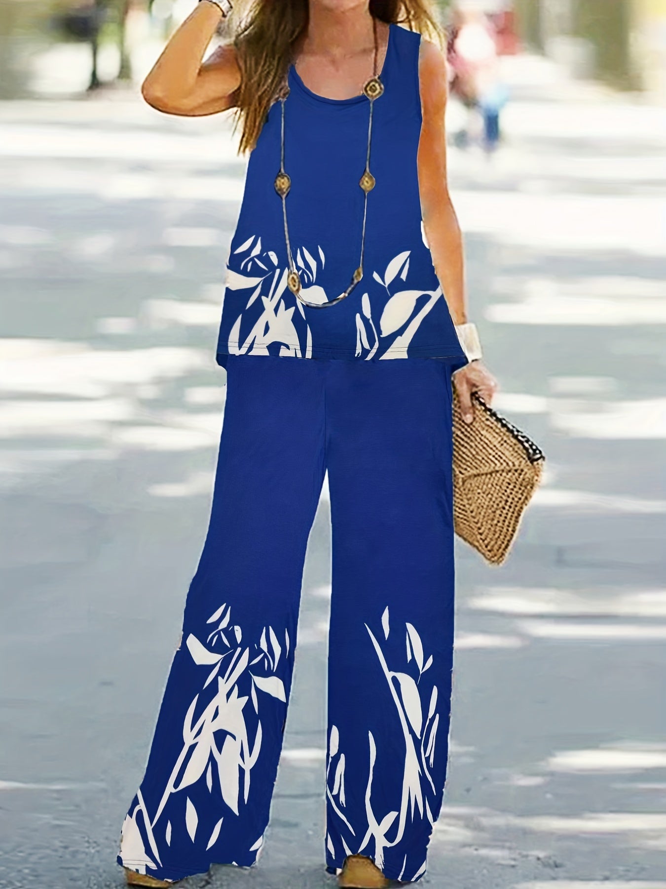 Floral Print Two Piece Set Tank Top & Wide Leg Pants Outfit