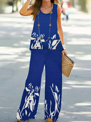 Floral Print Two Piece Set Tank Top & Wide Leg Pants Outfit