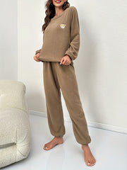 Bear Pattern Pajama Set Long Sleeve Round Neck Top & Pants Women's Sleepwear