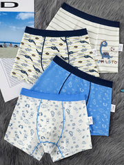 4pcs Boys Boxer Briefs Cotton Breathable Kids Panties Cartoon Striped Underwear