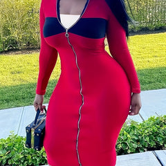 Colorblock Zipper Long Sleeve Bodycon Midi Dress