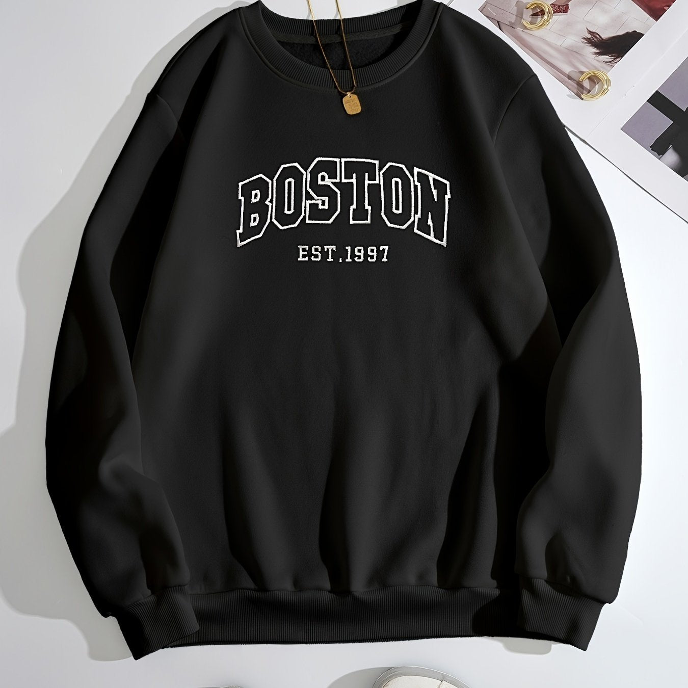 Boston Letter Print Crew Neck Sweatshirt