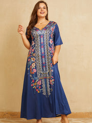 Boho Dress Women's Plus Border Floral Print V Neck Maxi Dress