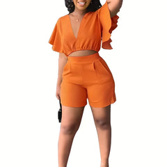 Flutter Sleeve Crop Top & High Waist Shorts Set