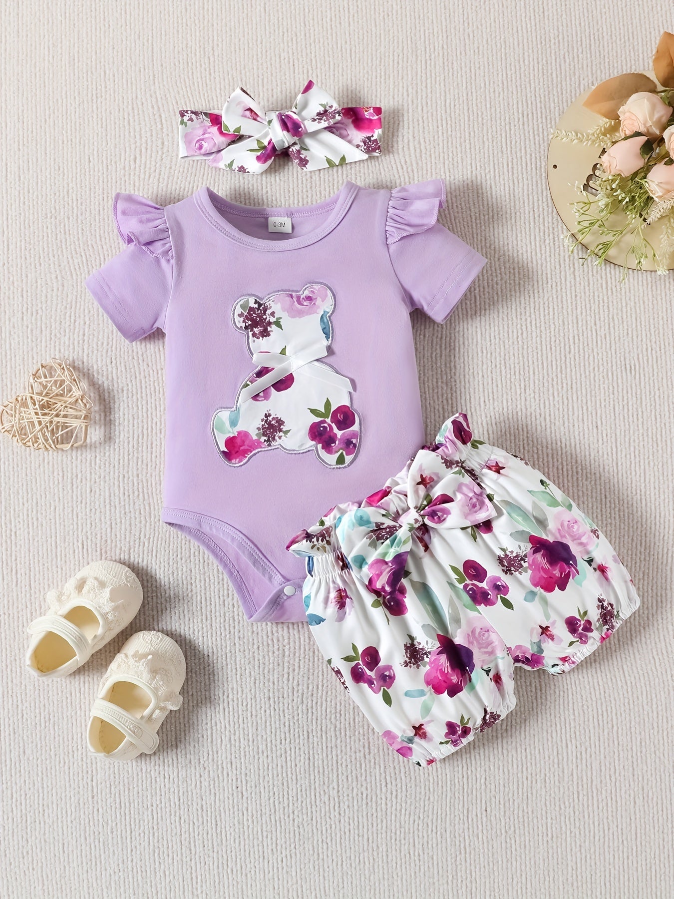 Baby Girl's Heart Graphic Set Cotton Ruffle Short Sleeve Bodysuit