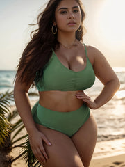 Solid Ruched Bikini Set High Rise Swimsuit 2 Piece Set