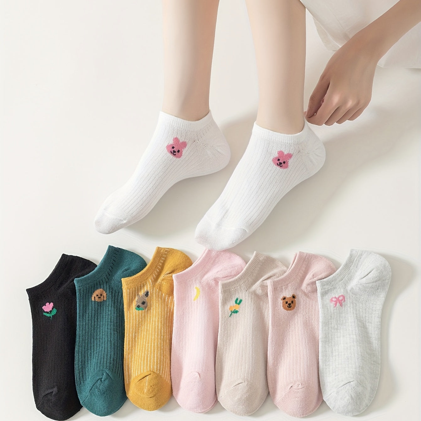 8 Pairs Cartoon Animal Print Socks & Low Cut Ankle Socks Women's Stockings