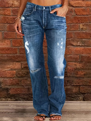 Women's Plus Washed Button Fly Ripped High Rise Wide Leg Jeans
