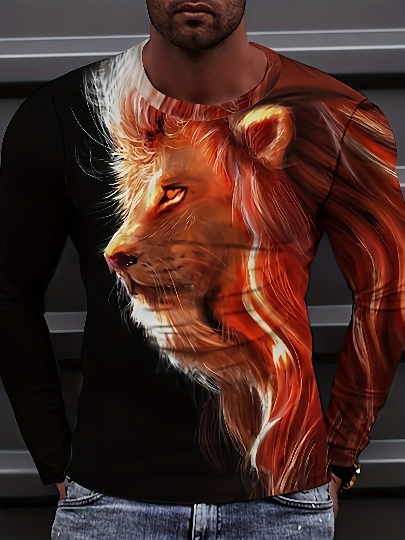 Men's 3D Lion Graphic Long Sleeve T shirt Breathable Pullover Top