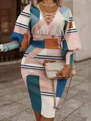 Geo Print Lantern Sleeve Bodycon Dress