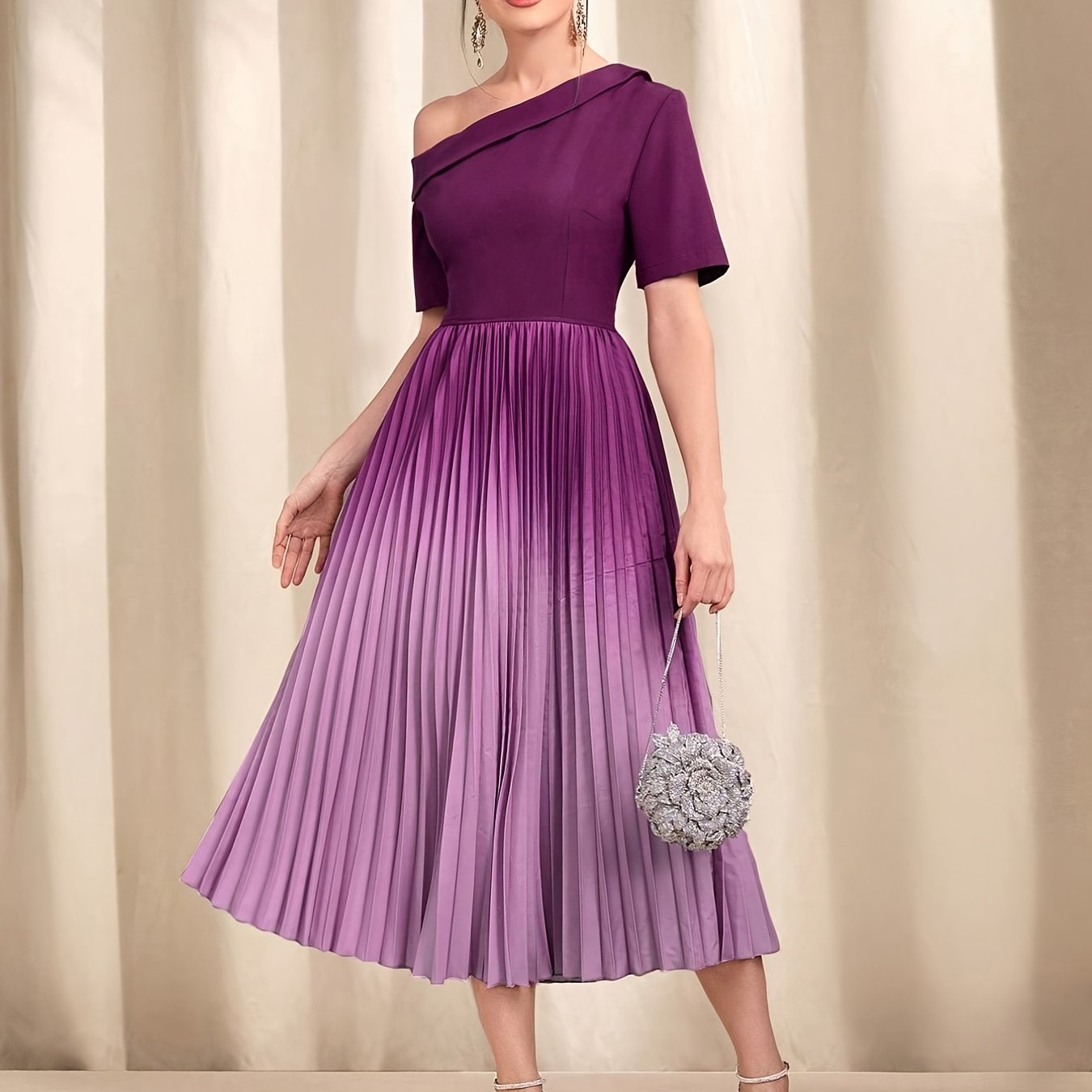 Ombre One Shoulder Pleated Dress Short Sleeve Dress For Banquet