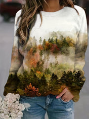 Forest Print Pullover Sweatshirt Long Sleeve Crew Neck Women's Clothing
