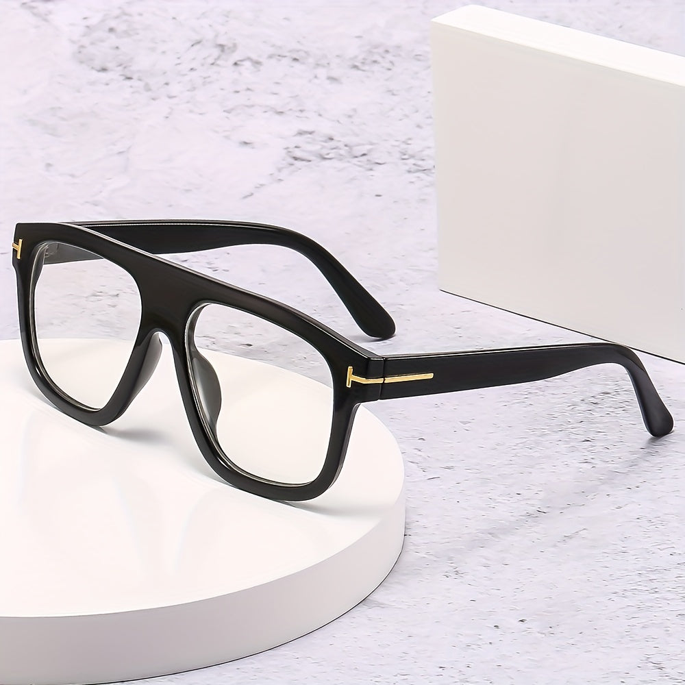 Men's Retro Square Frame T letter Decoration Flat Glasses Anti Light PC Eyewear