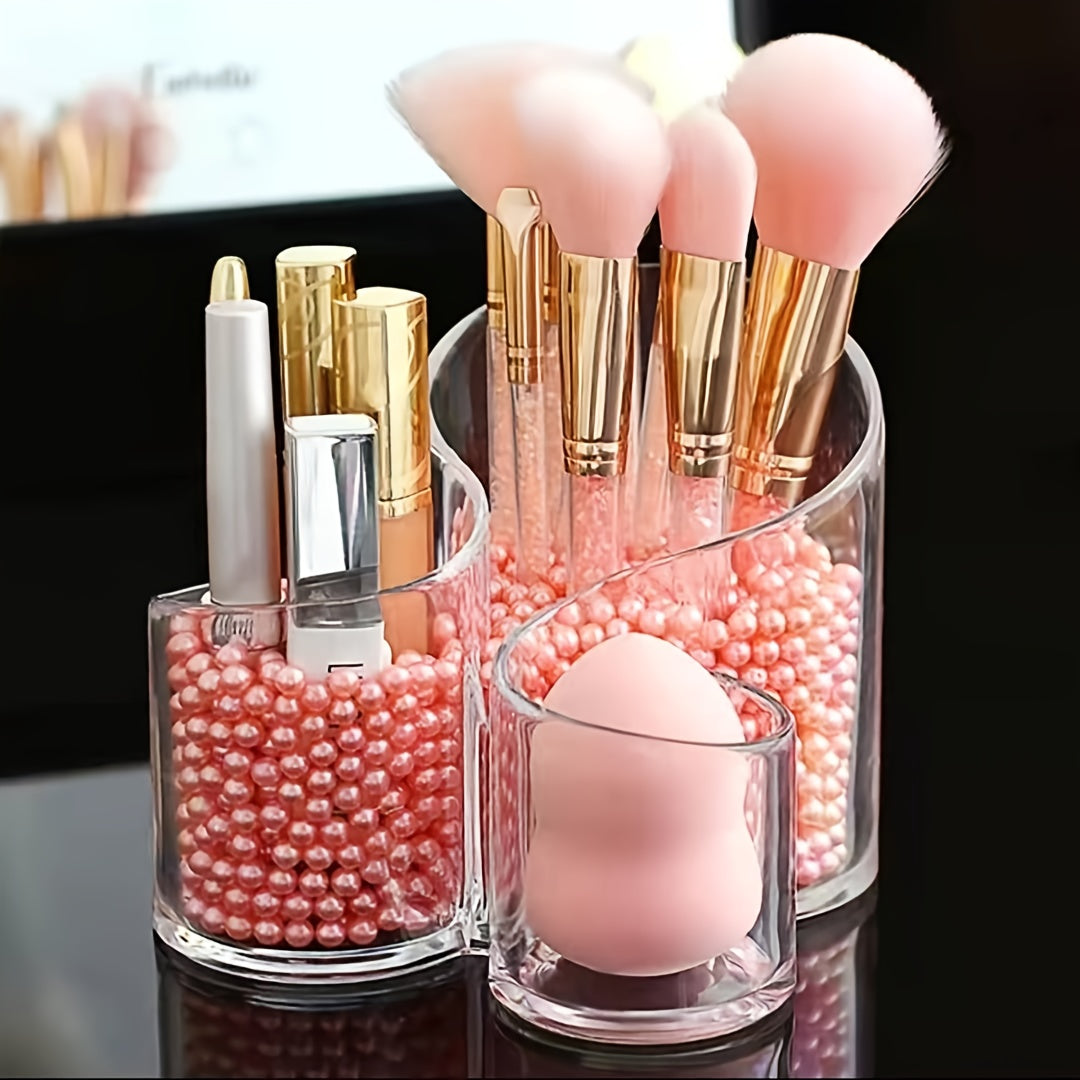 Acrylic Cosmetic Brush Holder with Faux Pearl Makeup Organizer