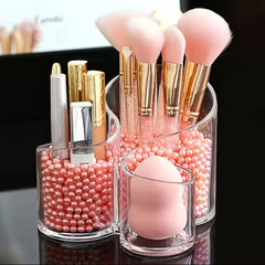 Acrylic Cosmetic Brush Holder with Faux Pearl Makeup Organizer