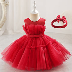 Girls Sleeveless Mesh Tutu Dress & Bow Headband Set for Party