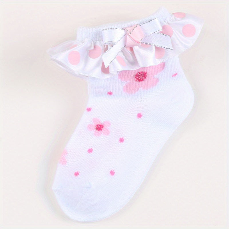 3 Pairs Baby Girls Ruffle Lace Flower Short Crew Socks Sweet Bow Dress Socks