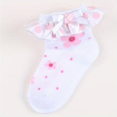 3 Pairs Baby Girls Ruffle Lace Flower Short Crew Socks Sweet Bow Dress Socks