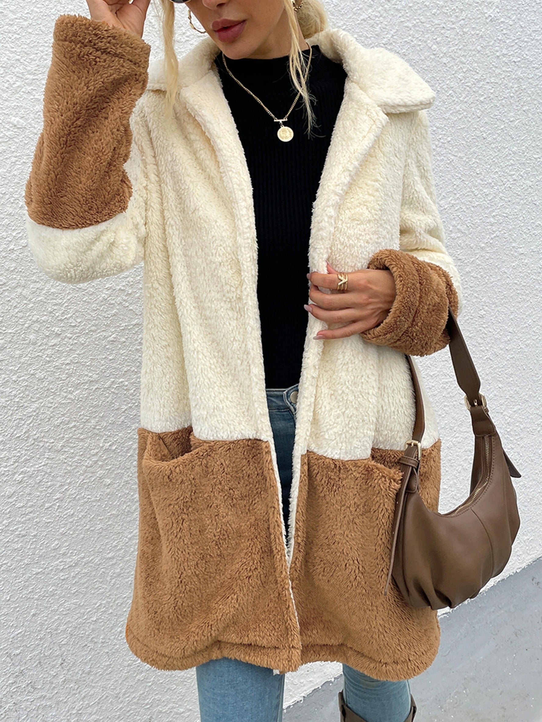 Women's Velvet Lapel Jacket Sweater with Large Pockets