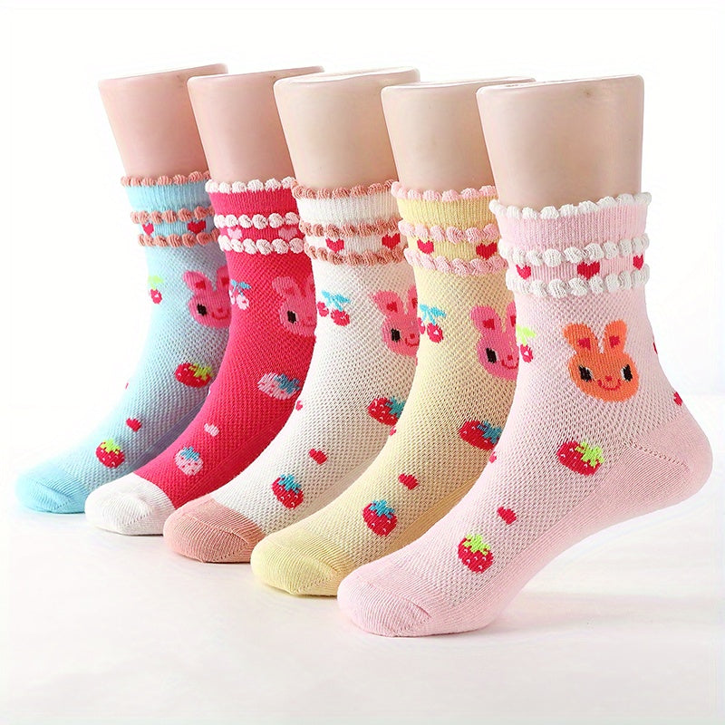 5 Pairs Baby Girls Cartoon Rabbit Strawberry Crew Socks Warm Winter