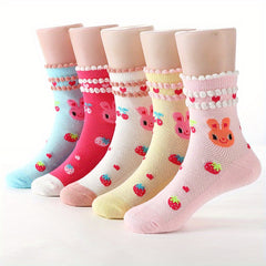 5 Pairs Baby Girls Cartoon Rabbit Strawberry Crew Socks Warm Winter