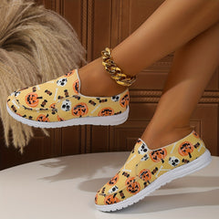 Skull & Pumpkin Print Slip-On Sneakers for Women