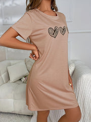 Heart Print Pajama Dress Crew Neck Short Sleeve Nightgown