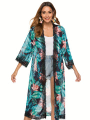 Tropical Floral Leaf Print Chiffon Cover Up 3/4 Sleeves Sun Protection Beach Cov