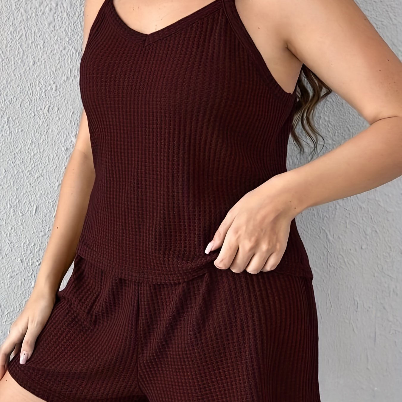 Waffle Knit V Neck Cami Top & Shorts Lounge Set