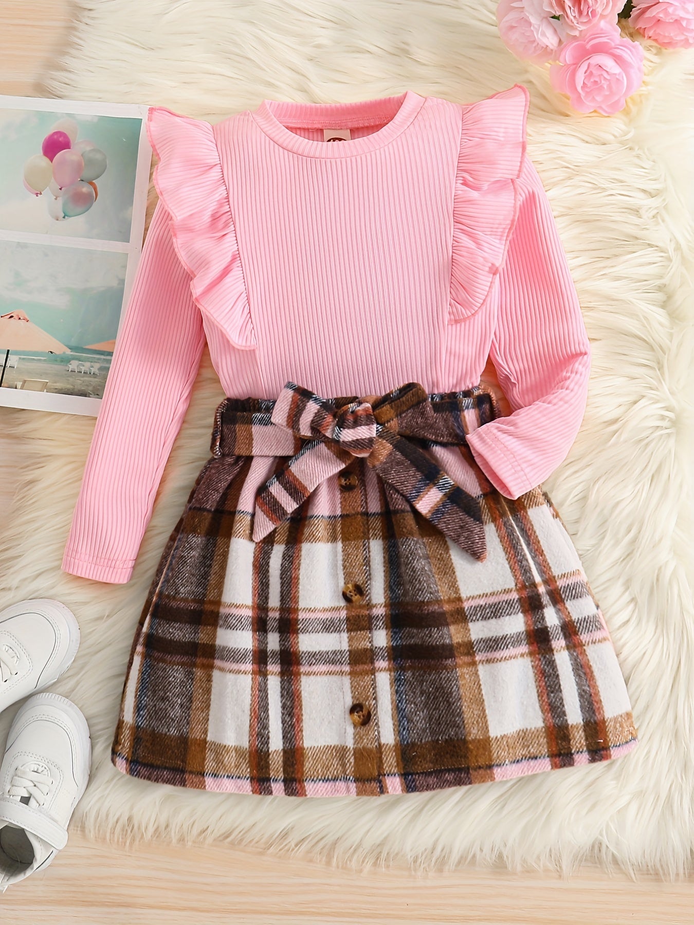 Toddler Girl's 2pcs Ribbed Top & Plaid Skirt Set