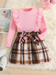 Toddler Girl's 2pcs Ribbed Top & Plaid Skirt Set