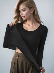 Stretchy Fleece Liner Thermal T Shirt Slimming Round Neck Long Sleeves Yoga Top