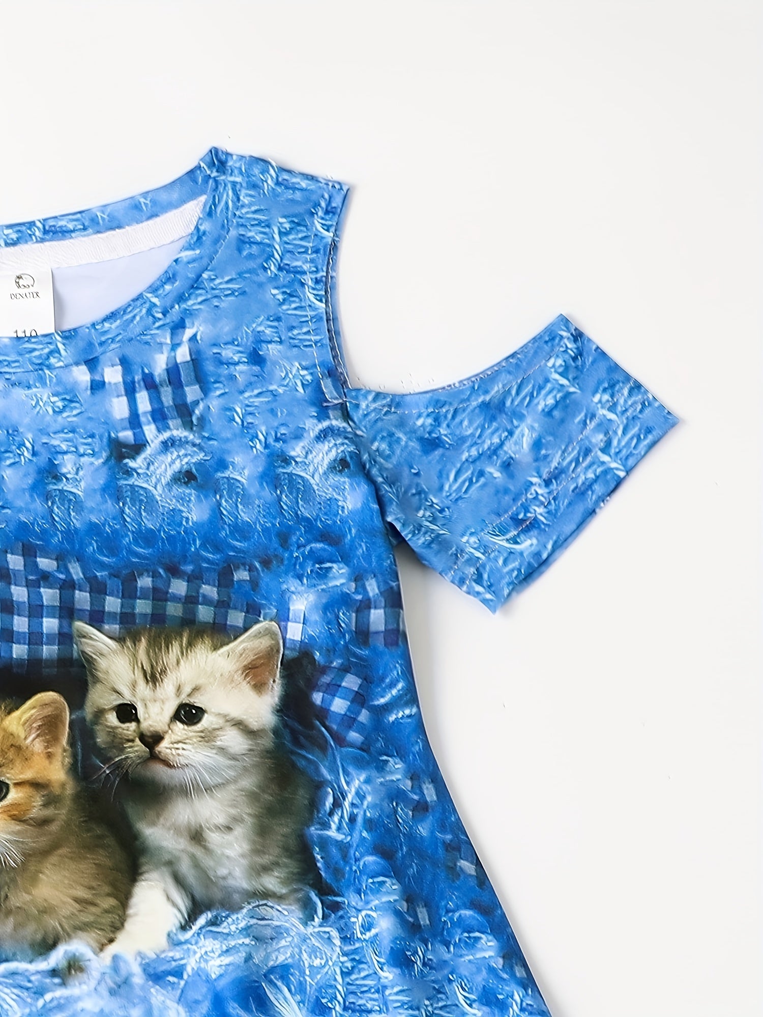 Girls 3D Kitty Graphic Cold Shoulder Dress Sweet Summer Gift
