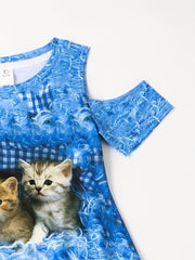 Girls 3D Kitty Graphic Cold Shoulder Dress Sweet Summer Gift