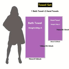 3pcs Lavender Pattern Towels Set - Bath Towel 70x140cm, 2 Face Towels 34x73cm