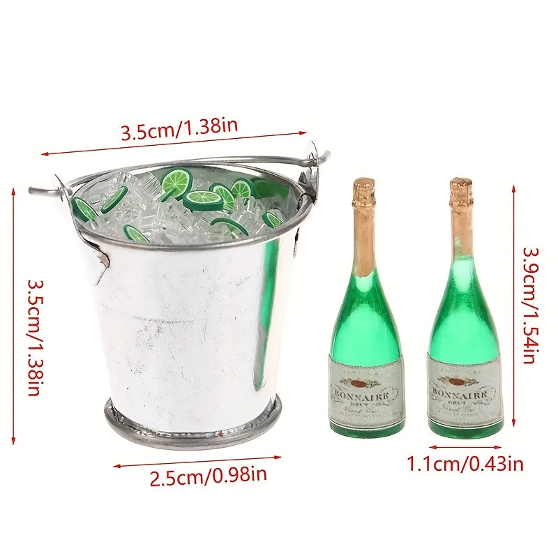 Dollhouse Accessories Pretend Play Bar Set Green Champagne Bottle & Ice Bucket
