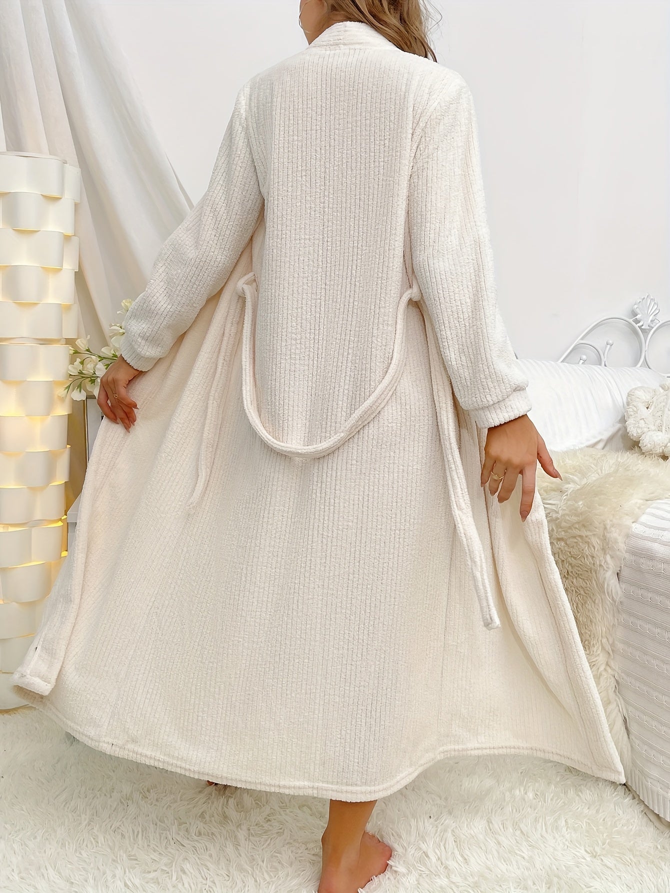Solid Flannel Night Robe Long Sleeve V Neck Belt Women's Sleepwear