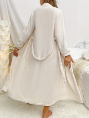 Solid Flannel Night Robe Long Sleeve V Neck Belt Women's Sleepwear