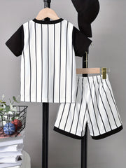 2pcs Boys Teen Casual Striped Baseball T shirt & Shorts Set