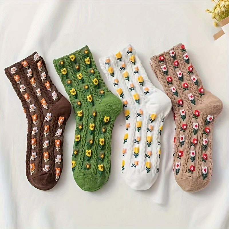4 Pairs 3D Floral Textured Socks Women's Stockings & Hosiery