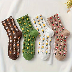 4 Pairs 3D Floral Textured Socks Women's Stockings & Hosiery