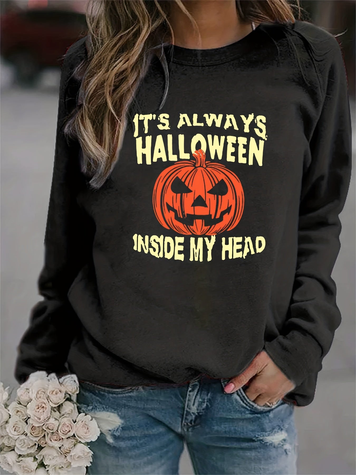 Halloween Jack O' Lantern Sweatshirt Crew Neck Long Sleeve Women's Clothing