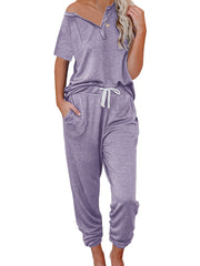 Casual Solid 2pc Set Short Sleeve Button T-shirt & Drawstring Pants