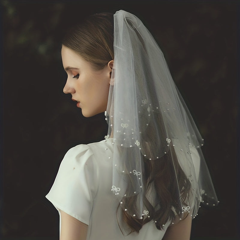 Double Layer Bridal Head Veil Comb Faux Pearl Wedding Hair Accessory