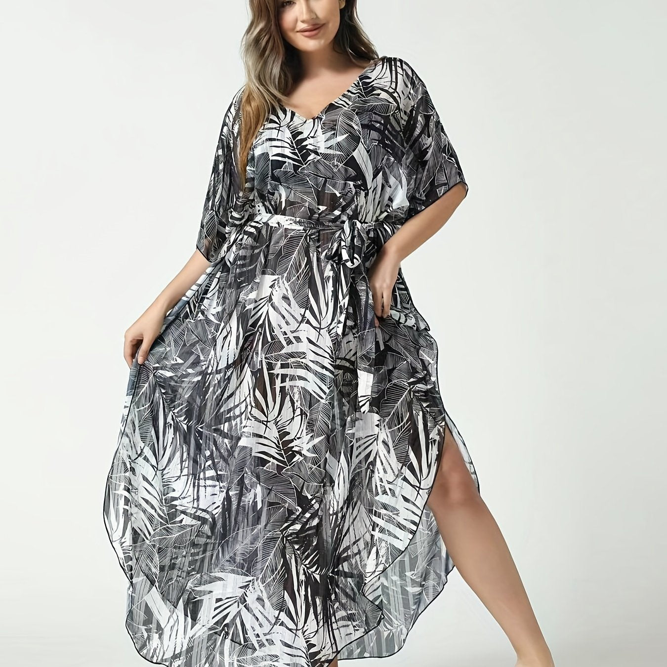Tropical Print V Neck Bat Sleeve Cover Up Dress