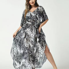 Tropical Print V Neck Bat Sleeve Cover Up Dress