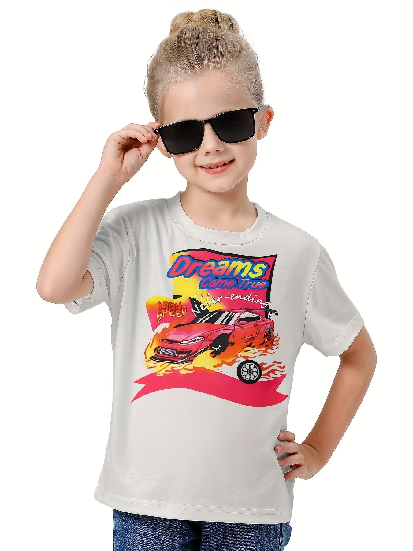 3D Sports Car & DREAMS COME Graphic Short Sleeve T shirt Pullover