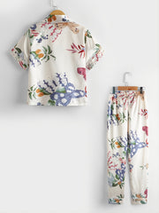 Beige Butterfly Flowers Lapel Short Sleeved Pants Casual Home Wear Set