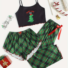 Christmas Print Pajama Set Crew Neck Cami Top & Shorts & Plaid Pants