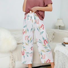 Floral Print Lounge Set V Neck Short Sleeve Top & Bow Pants